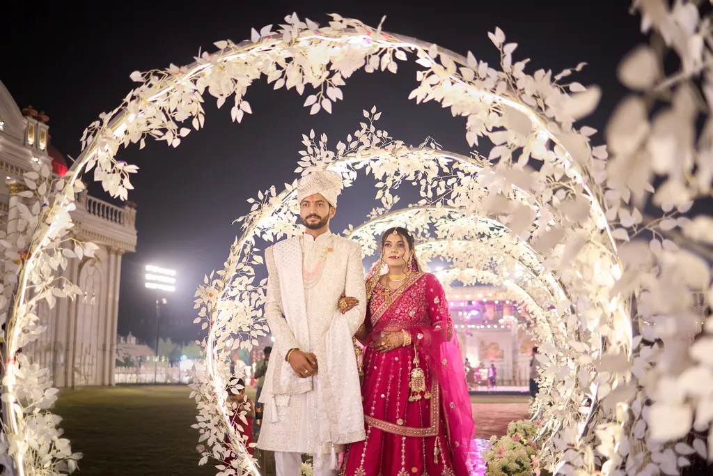 Couple on the wedding stage at The Banaras Lawn & Banquet Varanasi by The WeddingShoot